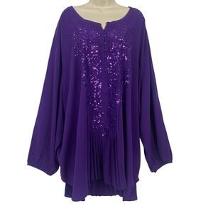 Roaman's Tunic Top Womens 38W Purple Sequin Pleated Blouse Dressy Jewel Tone